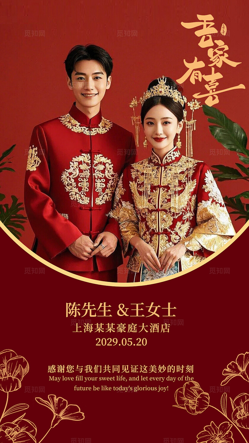 红色婚礼卡片结婚请柬吾家有喜