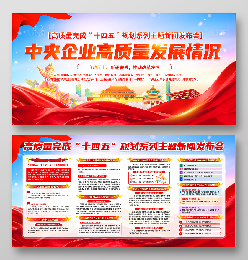 蓝色时尚大气简约十四五规划系列主题新闻发布会宣传栏展板设计高质量完成“十四五”规划系列主题新闻发布会