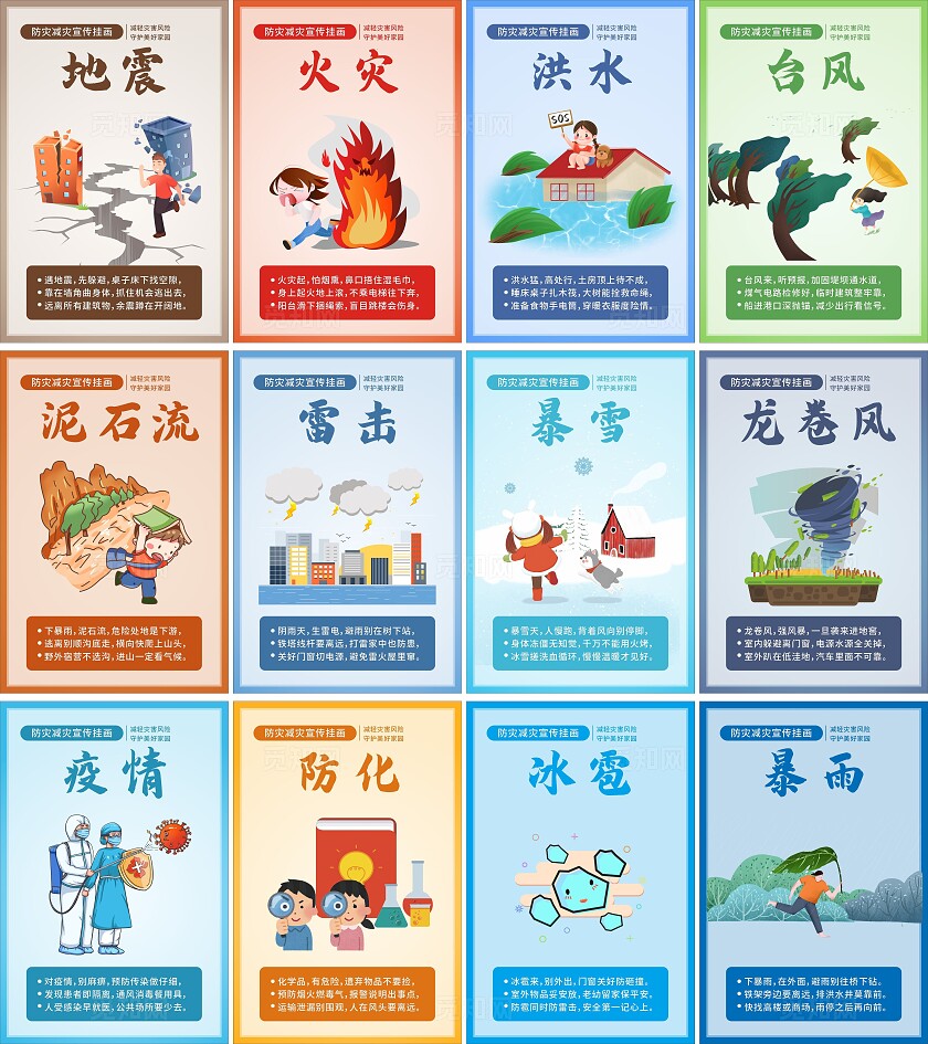 卡通防灾减灾常识宣传挂画