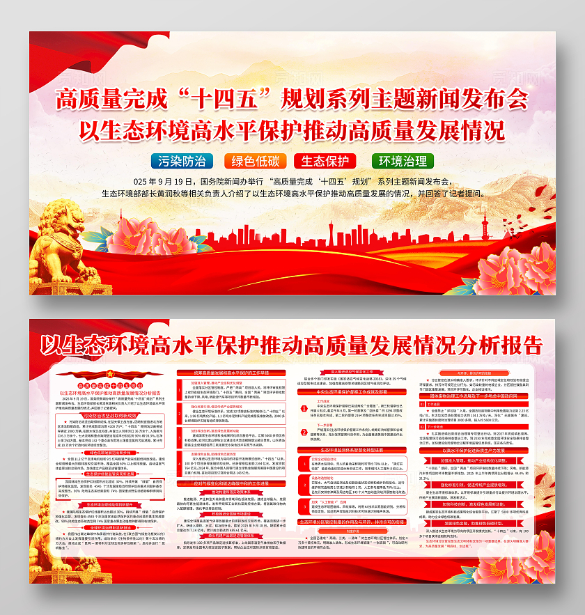 红色大气国潮风十四五规划系列主题新闻发布会宣传栏展板设计高质量完成“十四五”规划系列主题新闻发布会