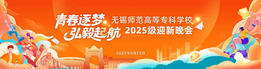 卡通橙色迎新晚会背景板