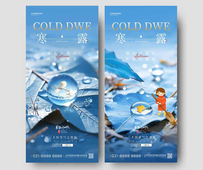 蓝色微缩摄影风2025寒露节气手机宣传海报套图
