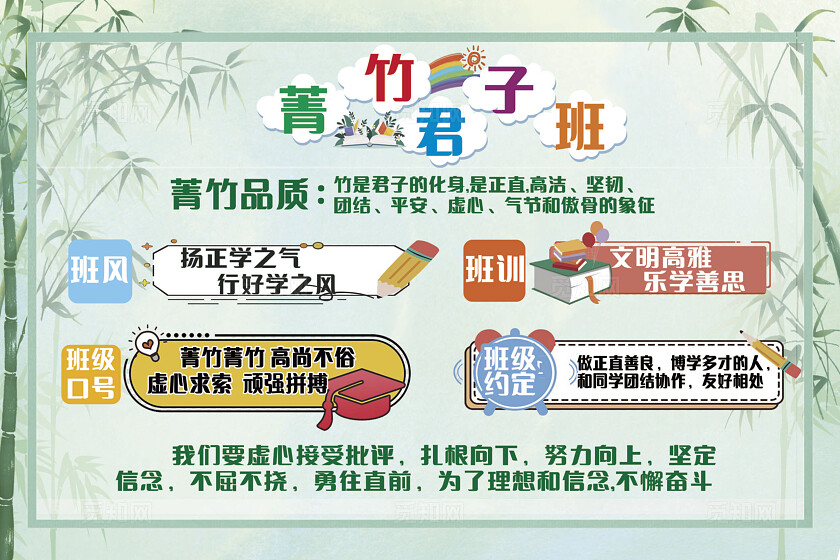 绿色竹子背景菁竹君子班班级文化宣传展板非转曲常规