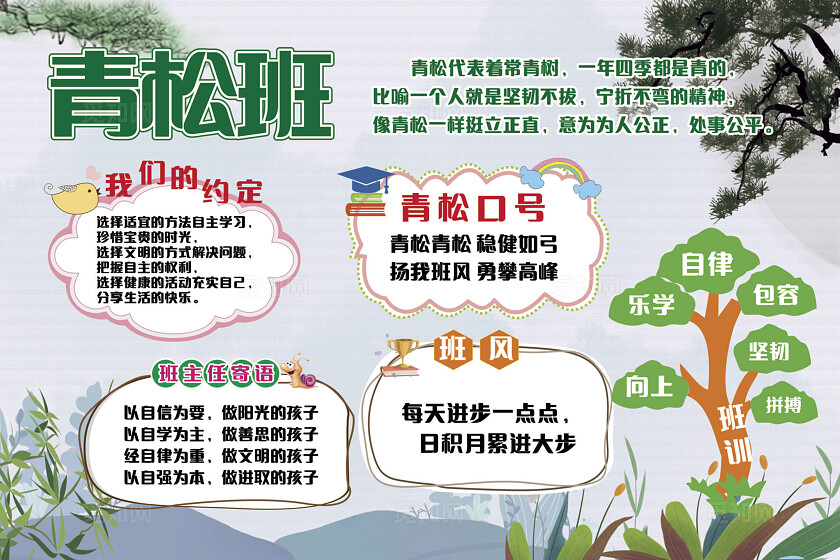 绿色松树青松班班级文化宣传展板非转曲常规