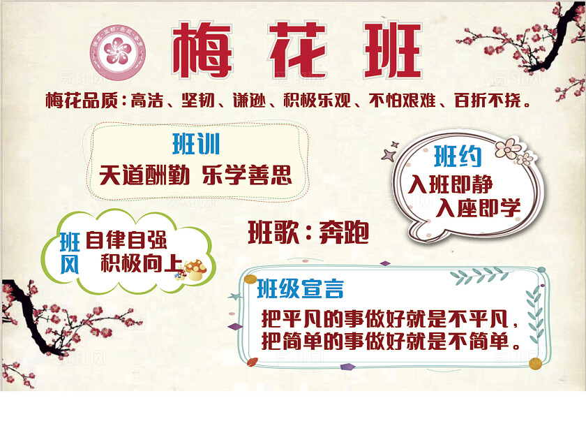 浅黄色梅花班班级文化建设宣传展板非转曲常规