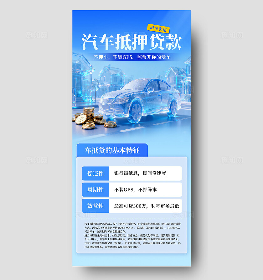 蓝色简洁汽车抵押贷款手机海报 宣传