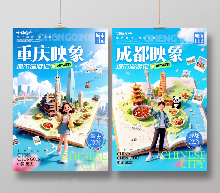 蓝色3D风格重庆印象旅游宣传海报旅游海报城市海报旅游