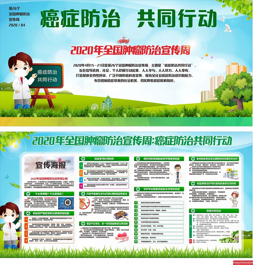 蓝色卡通人物癌症防治共同行动宣传展板非转曲常规