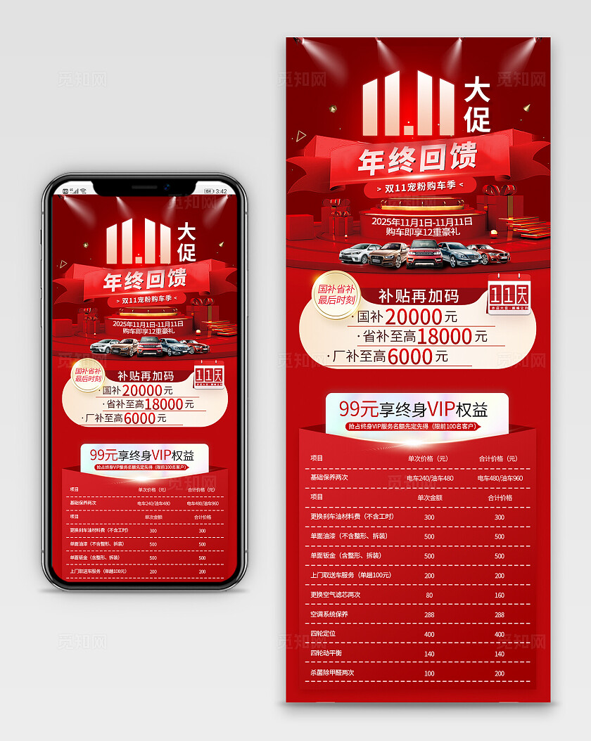 红色大气汽车促销双11年终大促手机长图宣传