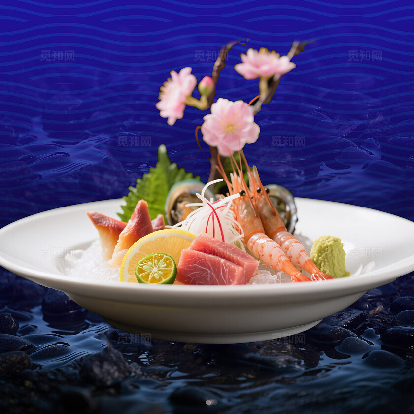 蓝色海浪海鲜刺身美食首页背景banner主图三件套