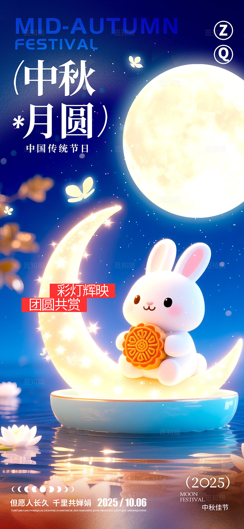 蓝色3D风格中秋月圆中秋宣传海报