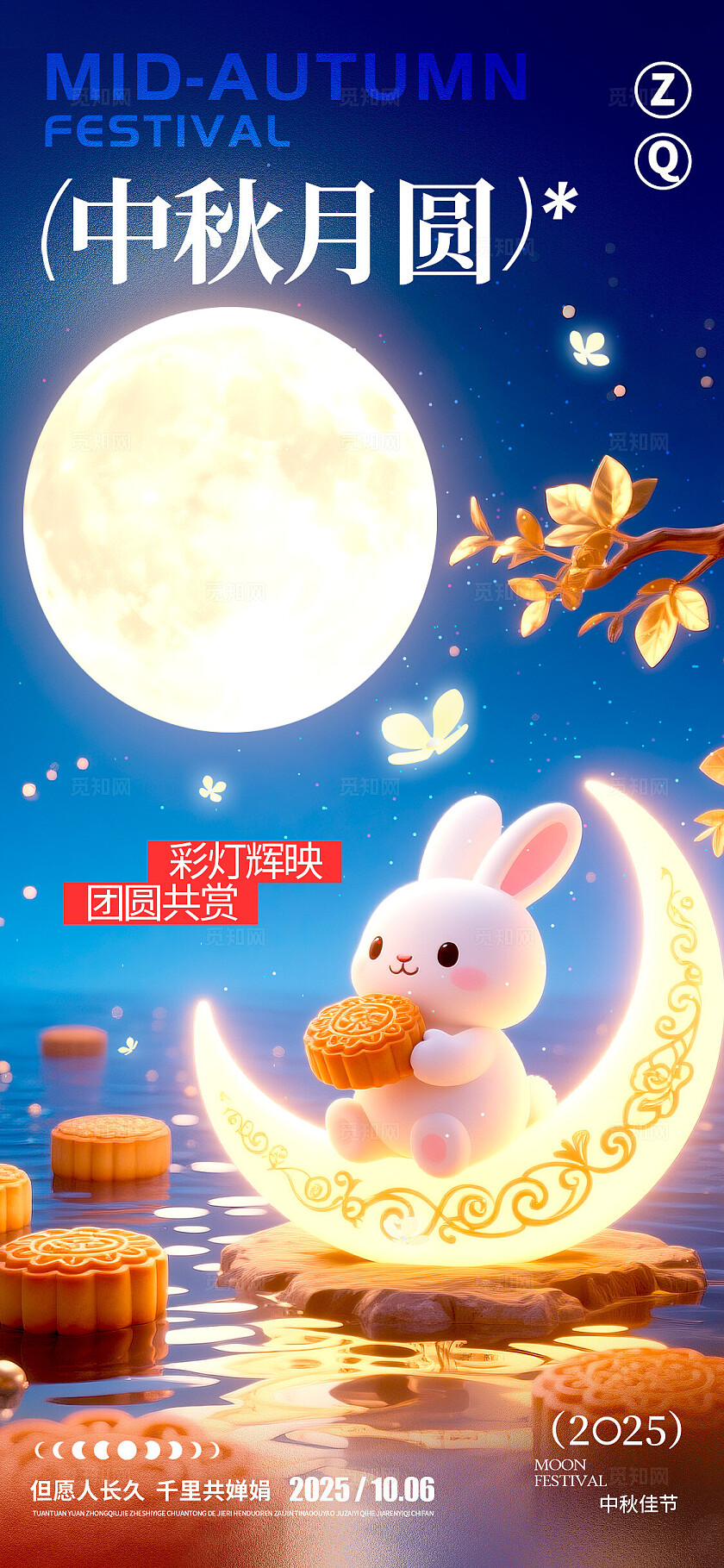 蓝色3D风格中秋月圆中秋宣传海报