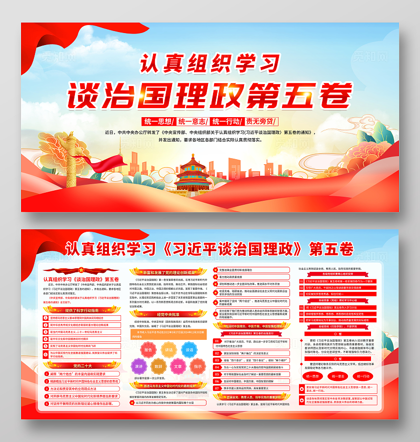 蓝色大气简约风学习贯彻谈治国理政第五卷宣传栏展板设计模板