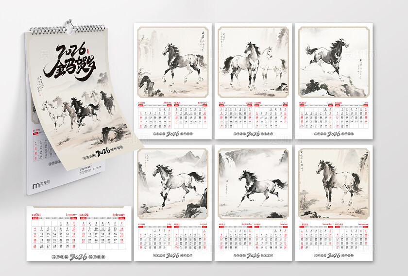 中国风水墨2026马年日历挂历台历海报设计