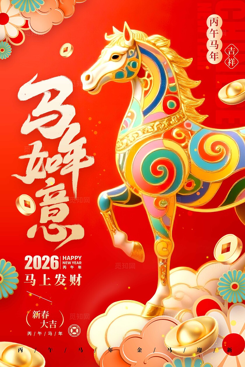 红色掐丝珐琅新年马年如意马年宣传海报马年海报