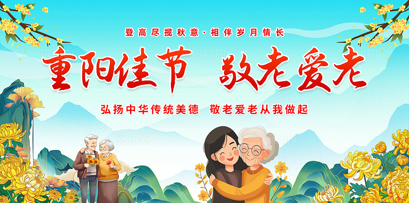 蓝色2025九九重阳节节日宣传展板