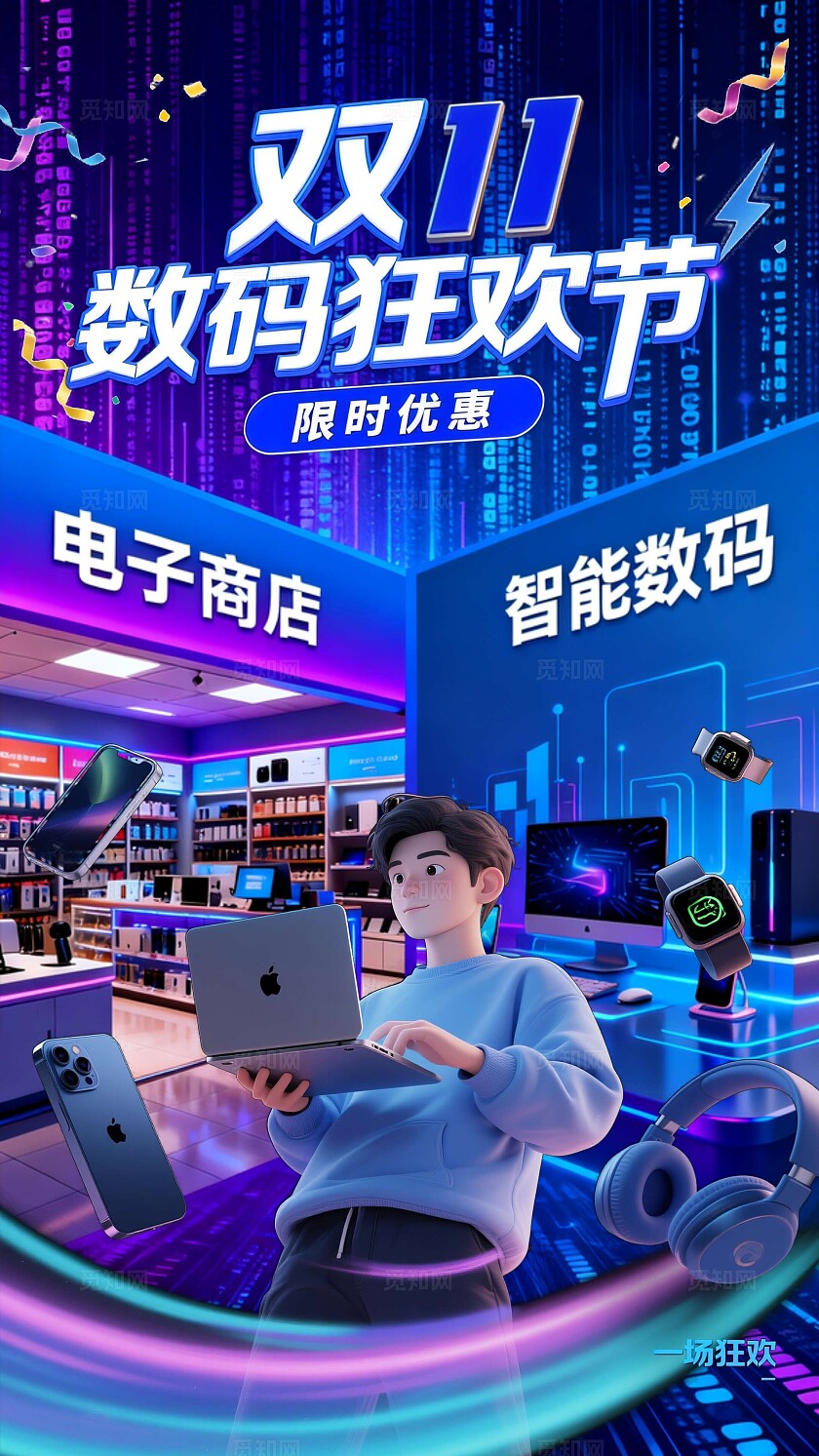 蓝紫色数字科技双11数码狂欢节展板