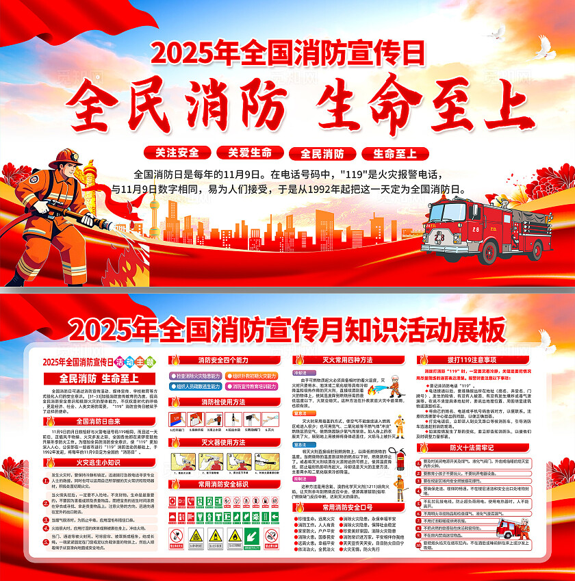2025全国消防日消防安全宣传月知识宣传栏展板
