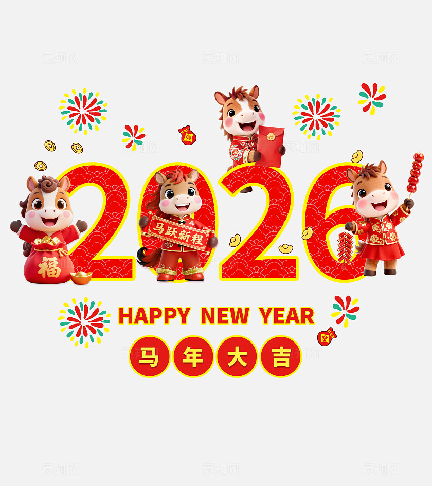 3D潮流卡通红金喜庆2026年马年玻璃贴门贴窗贴贴花