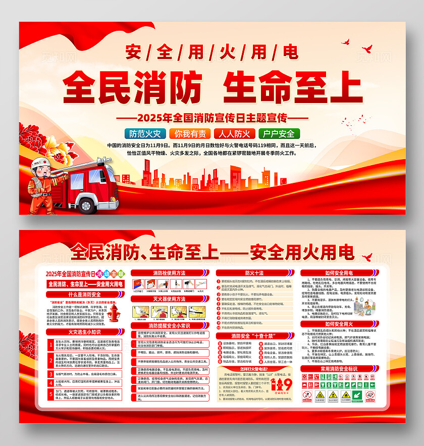 红色卡通2025全国消防日全民消防生命至上安全用火用电宣传栏展板