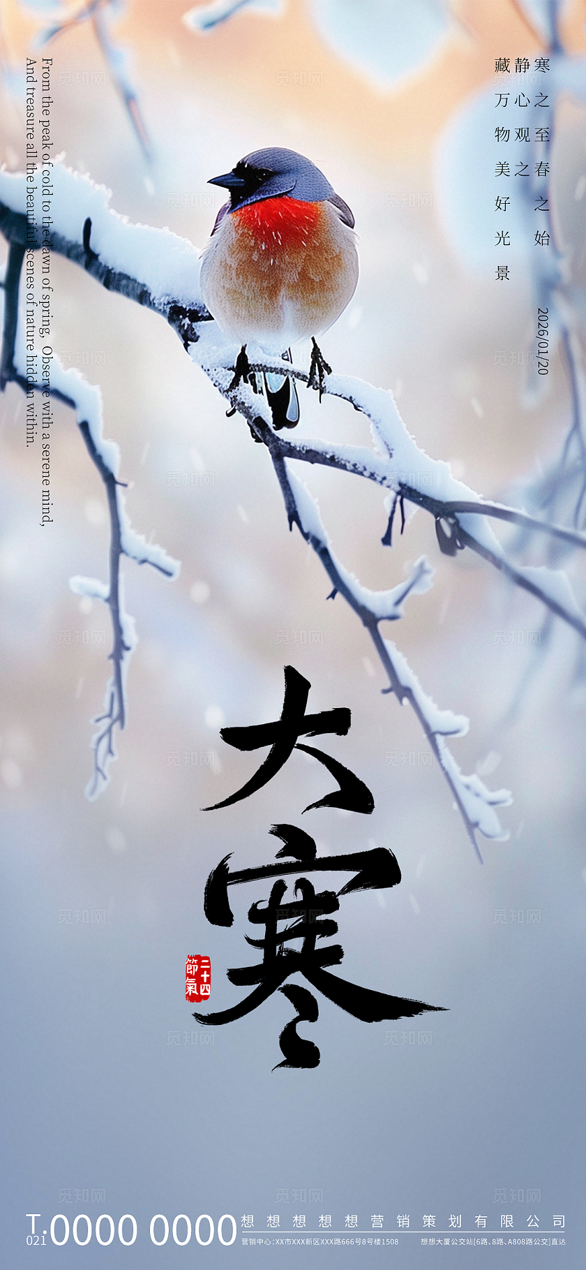 灰白淡雅风格大寒节气主题海报