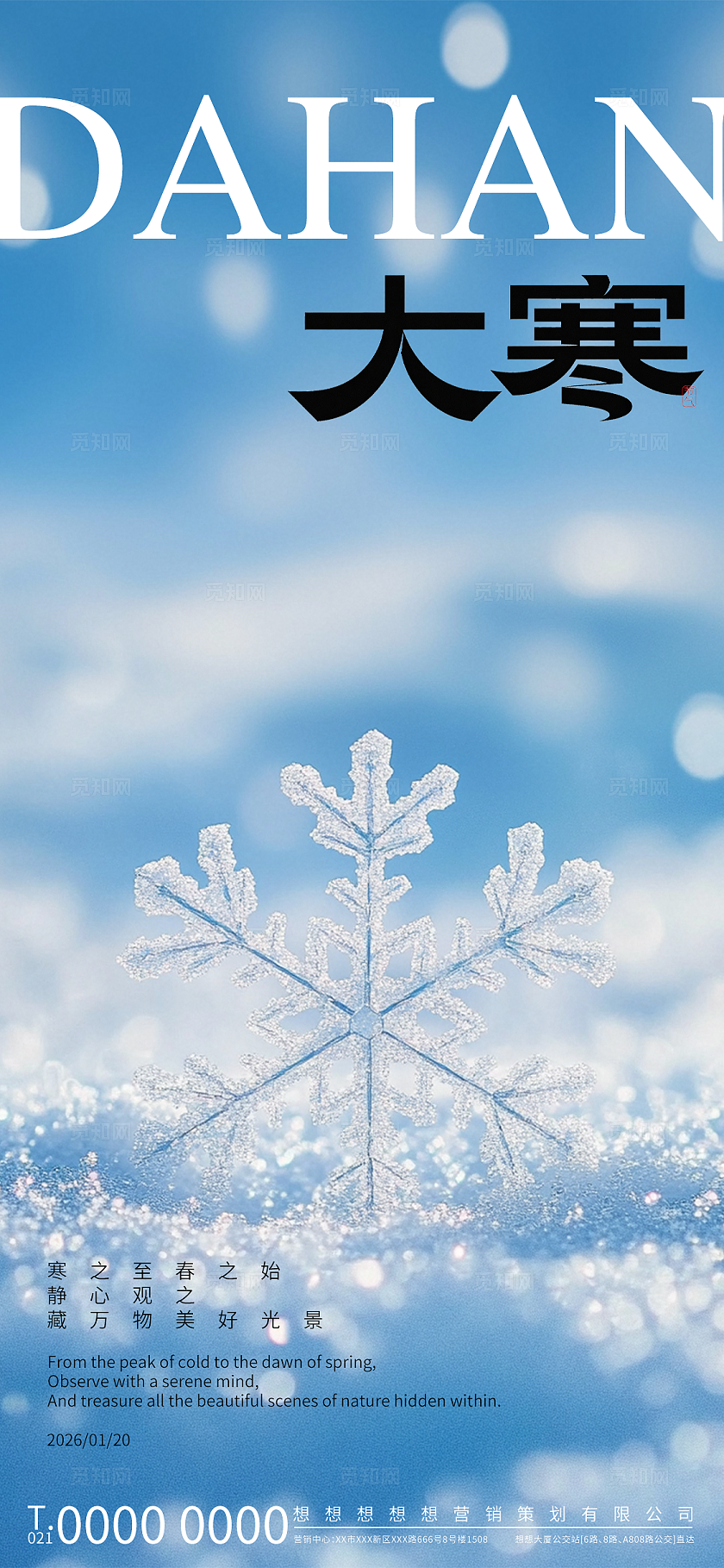 蓝白冰雪风格大寒节气宣传海报