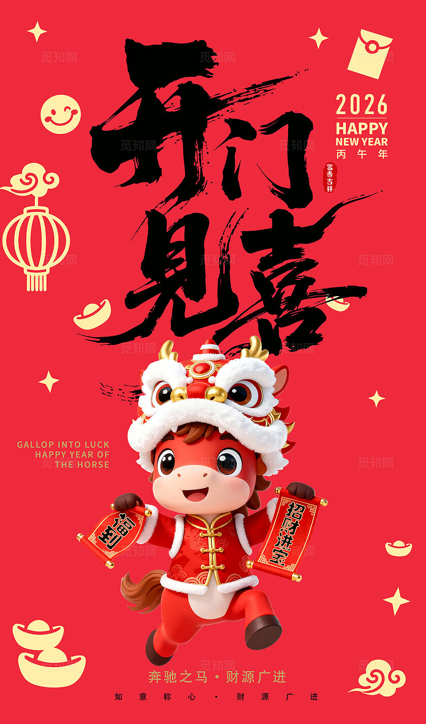 2026年马年新年海报开门见喜海报