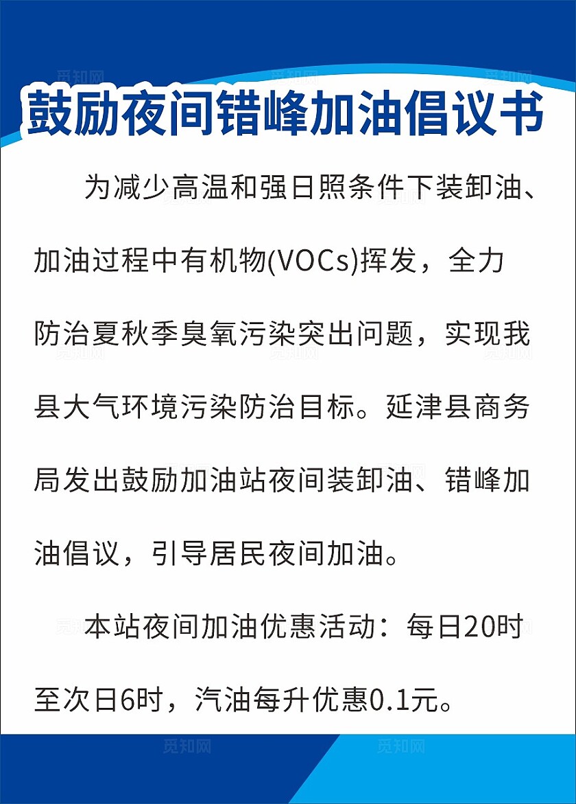 蓝色鼓励夜间错峰加油倡议书宣传
