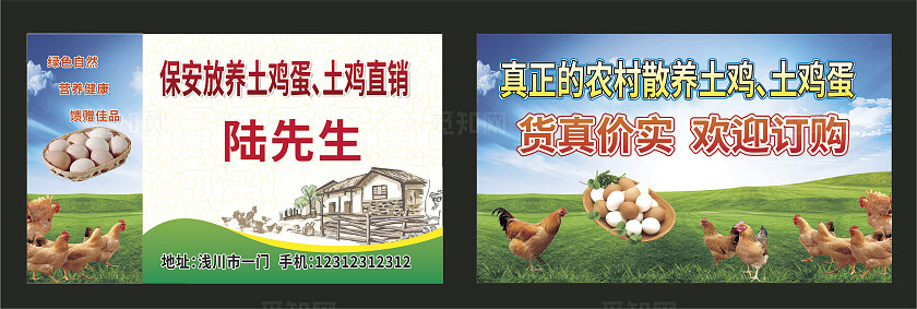 蓝天绿草农村散养土鸡土鸡蛋名片非转曲宣传