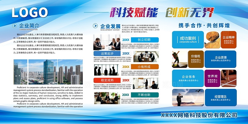 蓝色商务简约企业简介企业文化文化展板设计企业文化墙背景