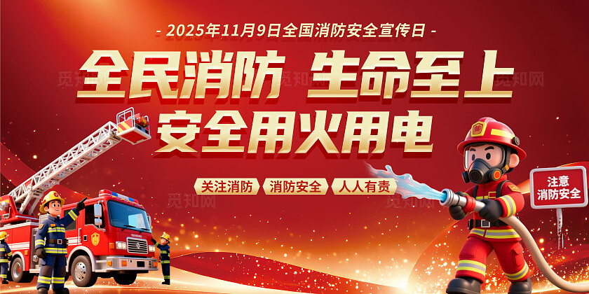 3D卡通红色2025消防安全宣传月消防知识科普宣传展板