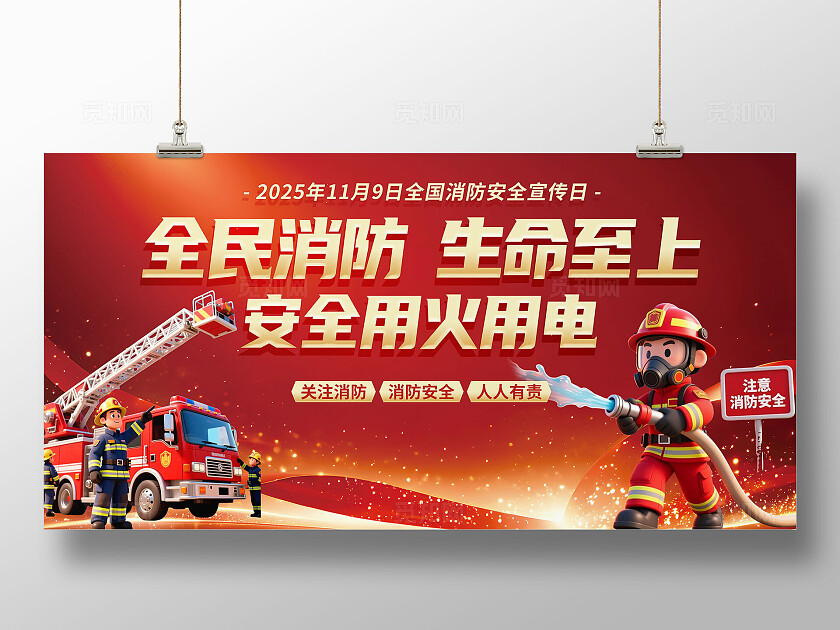 3D卡通红色2025消防安全宣传月消防知识科普宣传展板