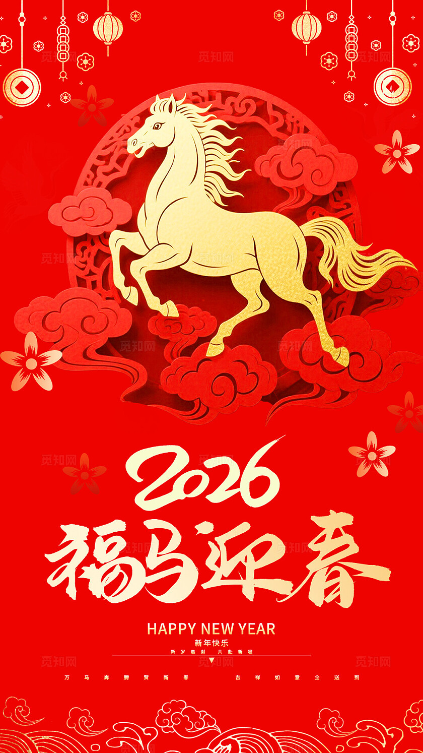 红色大气2026福马迎春新年马年新春贺卡海报宣传