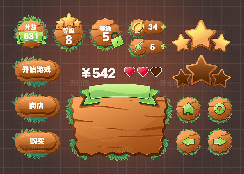 木制游戏按钮卡通游戏木材ui界面宣传