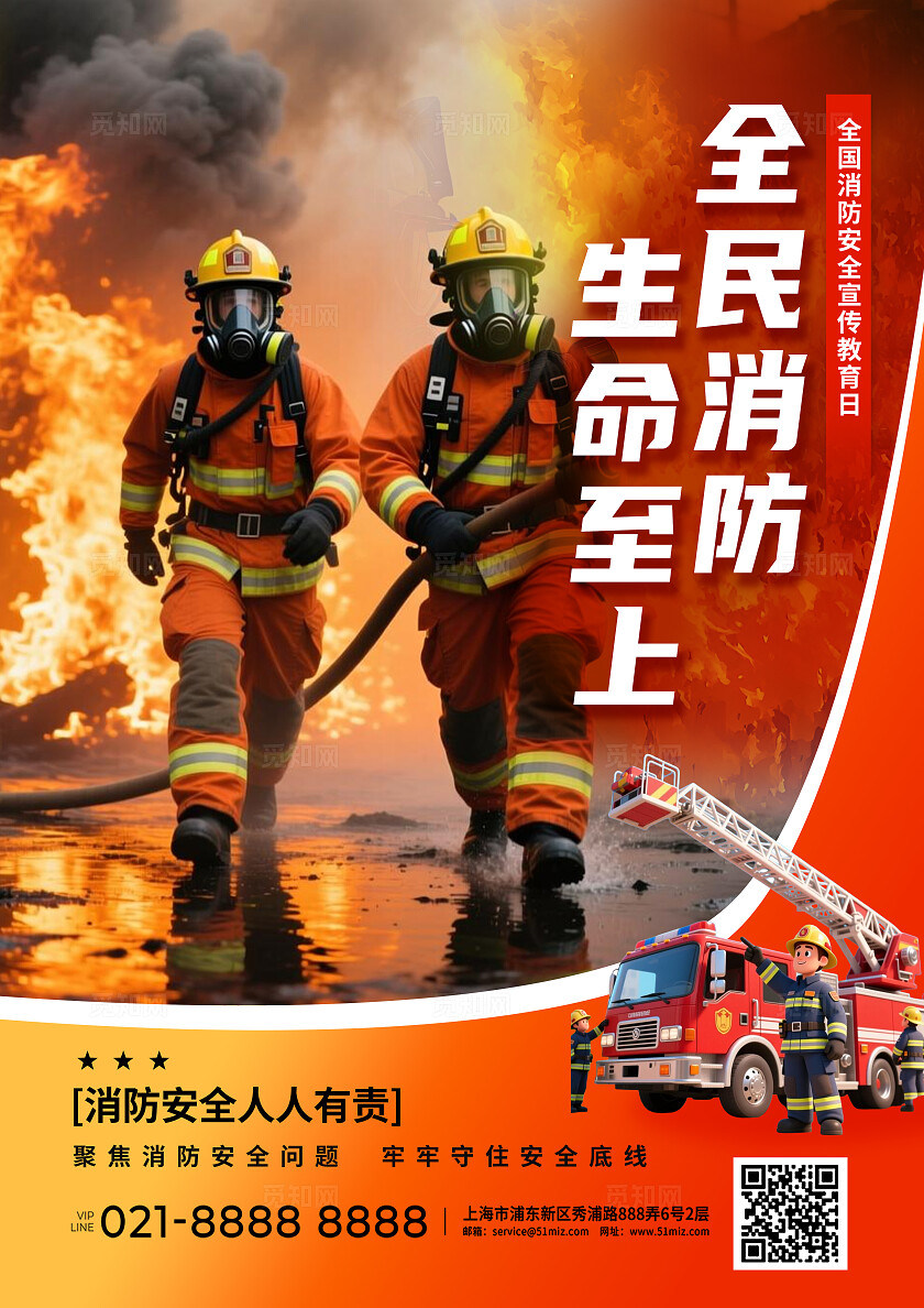 红色大气2025消防安全宣传月消防社区宣传线下海报