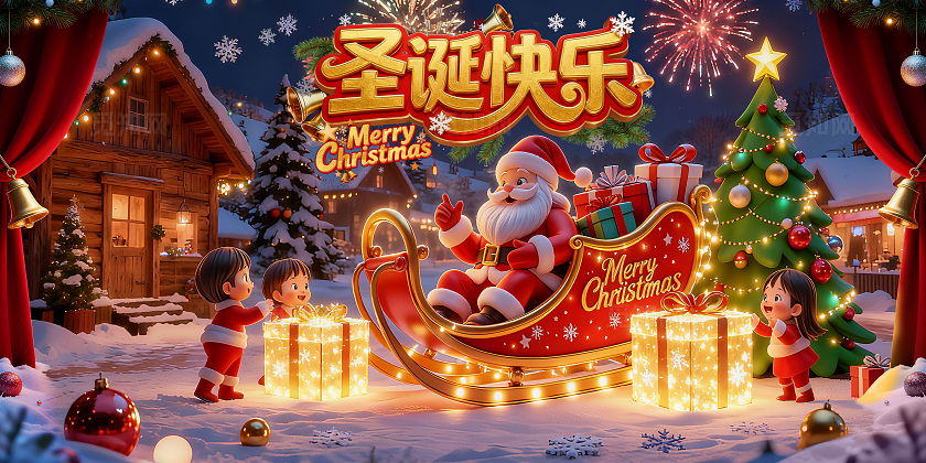 红色大气3d场景风圣诞快乐圣诞节宣传促销活动展板