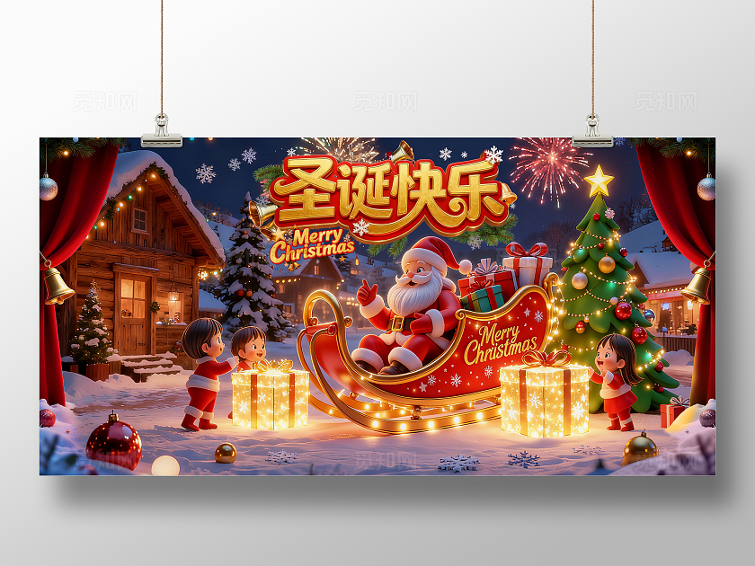 红色大气3d场景风圣诞快乐圣诞节宣传促销活动展板