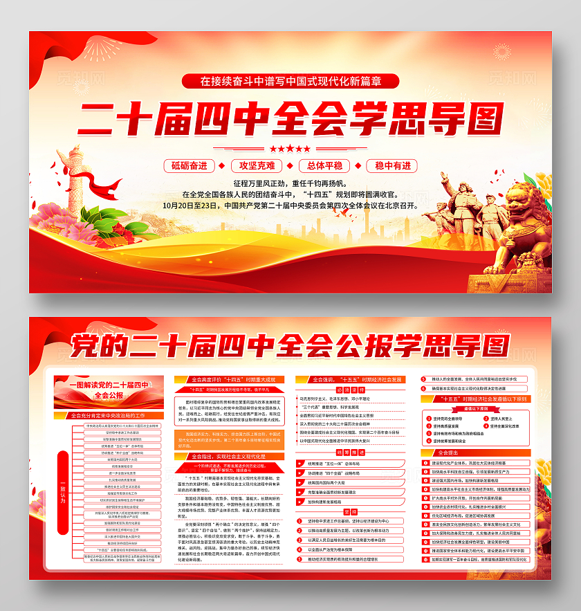 红色简约光效风党的二十届四中全会公报学思导图宣传栏