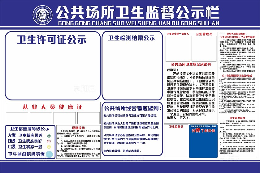 蓝色公共场所卫生监督公示栏展板非转曲宣传
