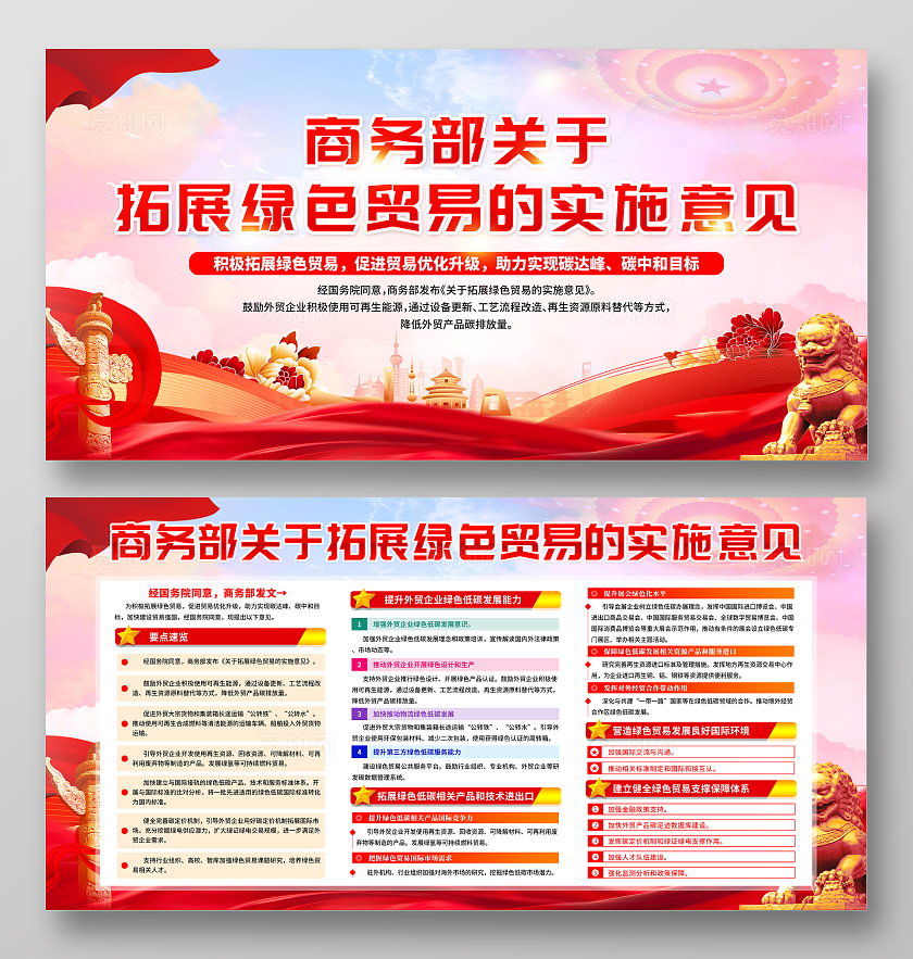 红色关于拓展绿色贸易的实施意见宣传栏展板设计