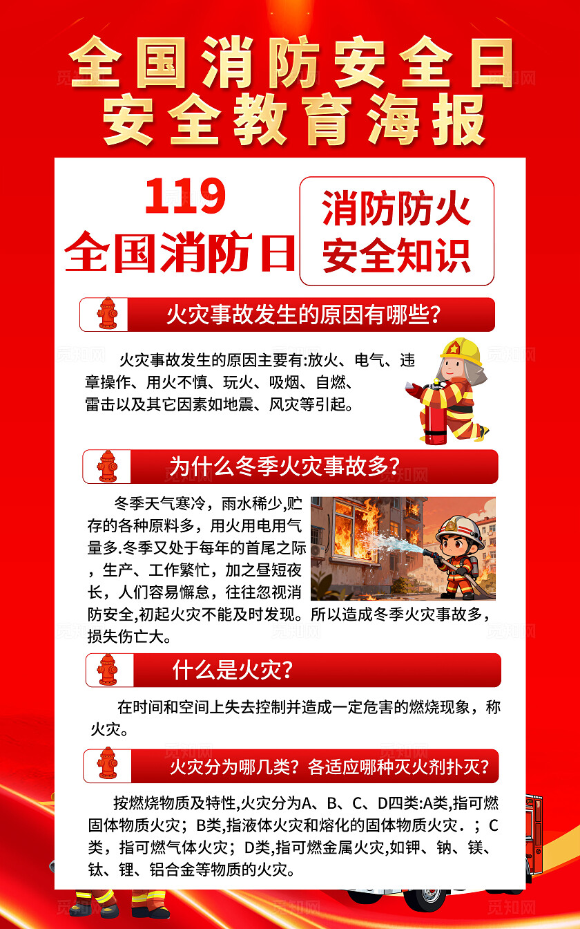 红色大气全国消防日宣传海报全国消防日展板