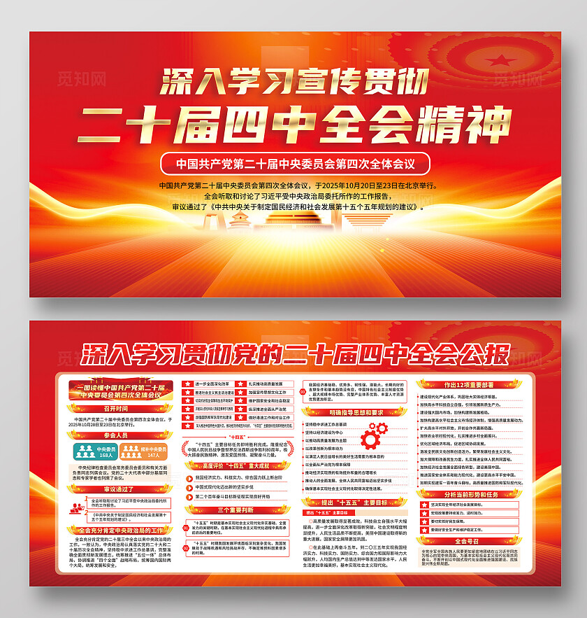 红色大气党建金色二十届四中全会公报宣传栏展板设计模板