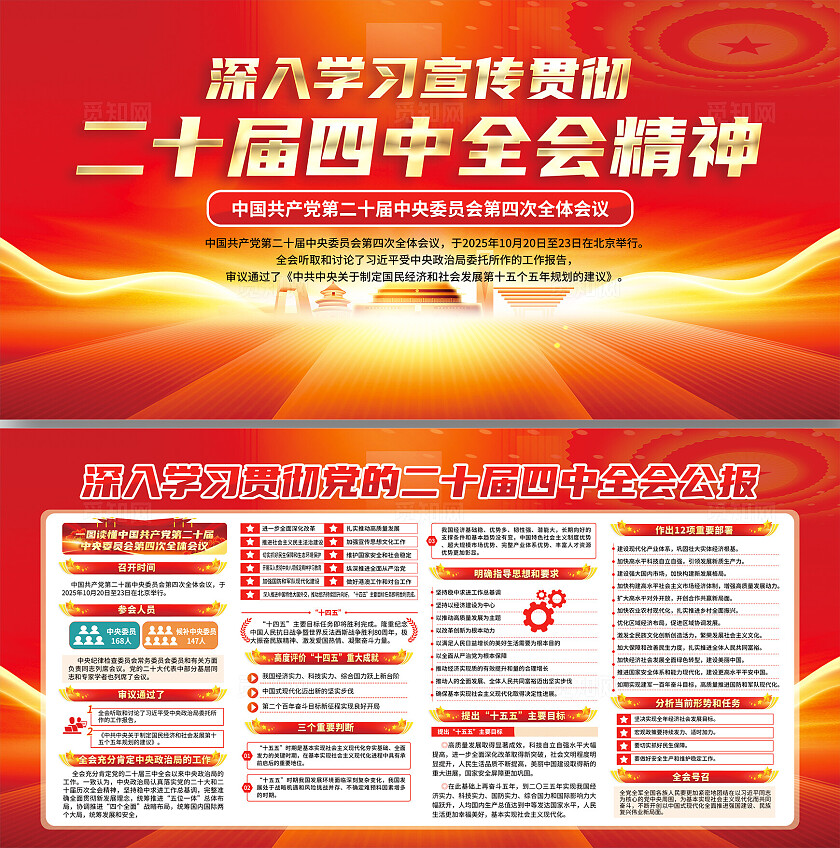 红色大气党建金色二十届四中全会公报宣传栏展板设计模板
