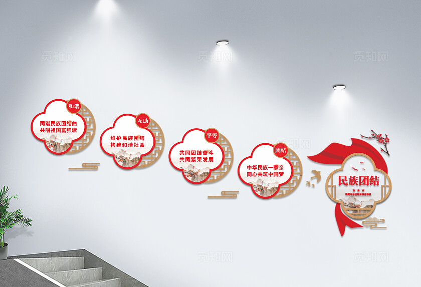 新中式大气木纹民族团结楼梯墙