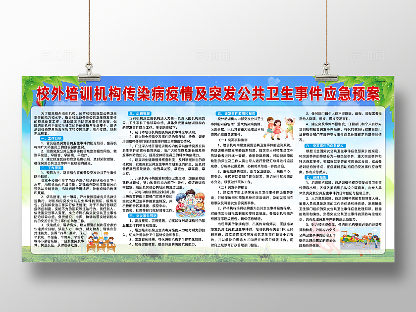 绿色清新校外培训机构突发公共卫生事件应急预案宣传展板