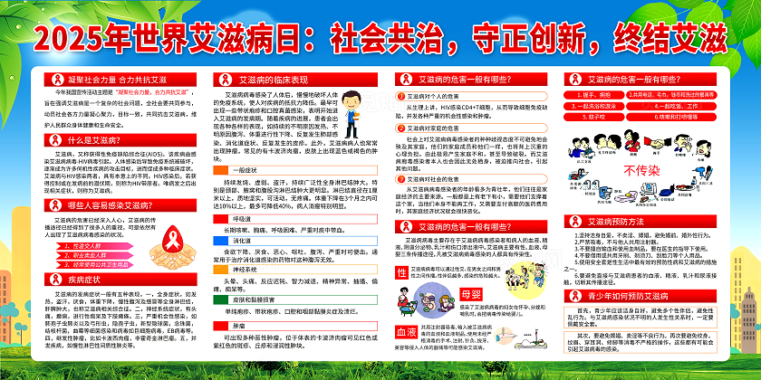 绿色渐变简约风2025年世界艾滋病日宣传栏展板设计模板