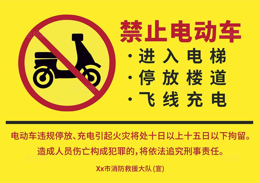 黄色禁止电动车进入电梯停放楼道飞线充电温馨提示非转曲宣传
