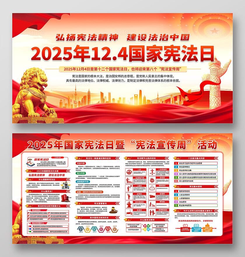 简单大气红色党建2025年124国家宪法日宪法周宣传周展板