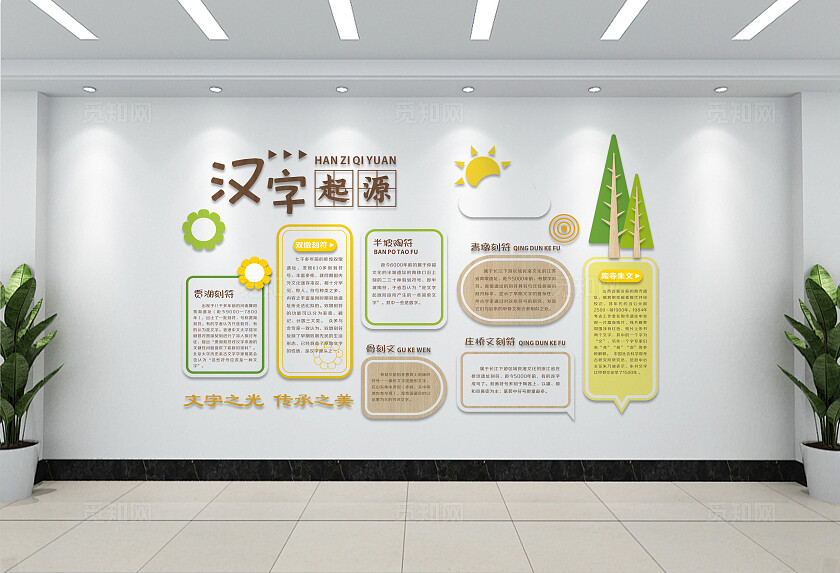 卡通木纹汉字的起源校园文化墙