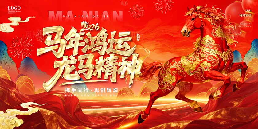 红色国潮中国风金色骏马马年主画面新春奋进主背景马年宣传展板